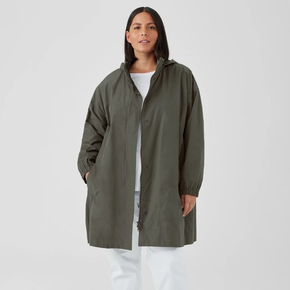 Eileen Fisher Light Cotton Nylon Stand Collar Long Coat - Size SP